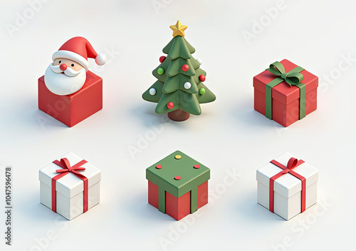 Festive christmas decor with santa, tree, and wrapped gifts in a minimalist isometric style