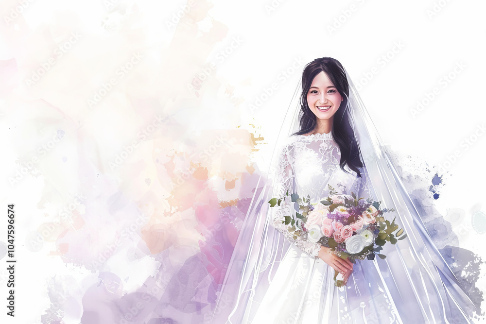 Asian Bride in Traditional White Wedding Dress Holding Floral Bouquet. Concept of Wedding Elegance, Bridal Beauty, Cultural Celebration. Watercolor illustration. Copy space Asian Bride in Traditional White Wedding Dress Holding Floral Bouquet. Concept of Wedding Elegance, Bridal Beauty, Cultural Celebration. Watercolor illustration. Copy space