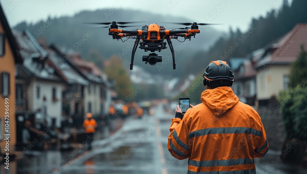 Drone Surveying Flooded Town
