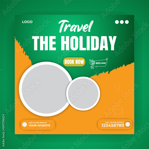 Travel business promotion web banner template design for social media. Travelling, tourism or summer holiday tour online marketing flyer, 
post or poster with abstract graphic background and logo.