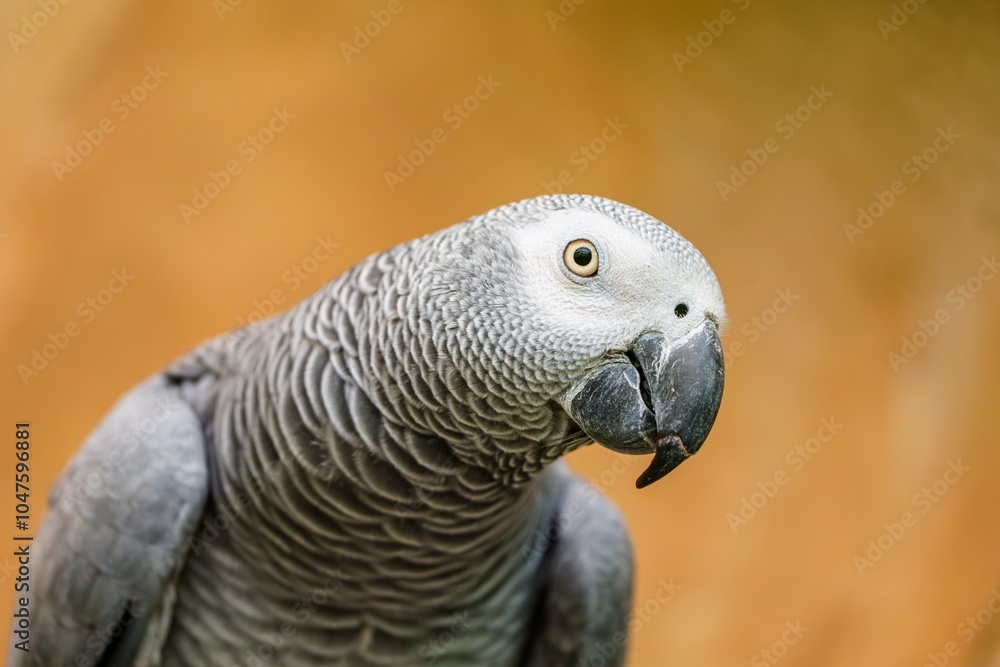 A beautiful African Grey Parrot with bright white feathers and a black beak is isolated on a solid color background. The parrot is looking at the camera with its head turned slightly to the left. A beautiful African Grey Parrot with bright white feathers and a black beak is isolated on a solid color background. The parrot is looking at the camera with its head turned slightly to the left.