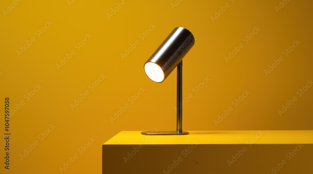 A sleek modern silver lamp stands against a bold mustard yellow wall, with the metallic finish shining under the light, creating a stylish and contemporary ambiance. A sleek modern silver lamp stands against a bold mustard yellow wall, with the metallic finish shining under the light, creating a stylish and contemporary ambiance.