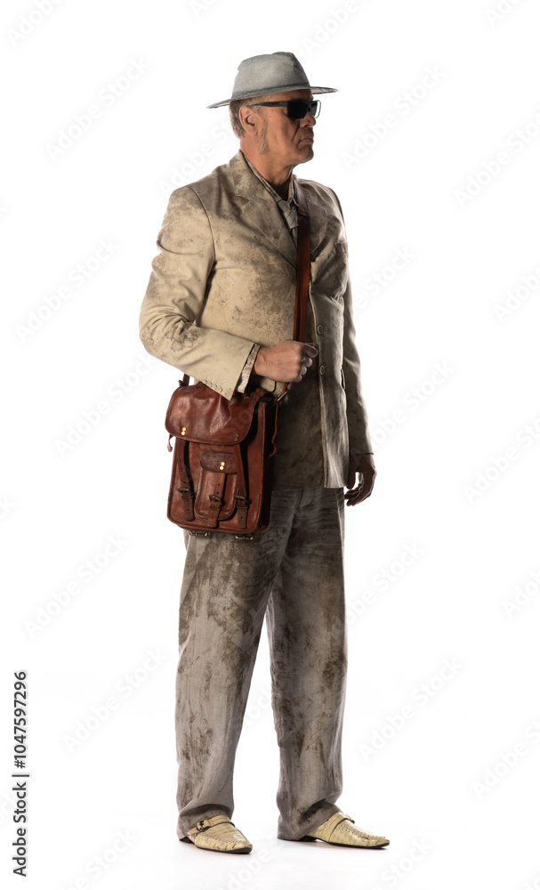 businessman in hat and dirty suit on white background businessman in hat and dirty suit on white background