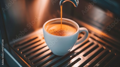 Close-Up of a Hot Coffee Cup in Use in a Coffee Machine. Concept of Morning Routine, Fresh Brew, Caffeine Boost, and Beverage Enjoyment