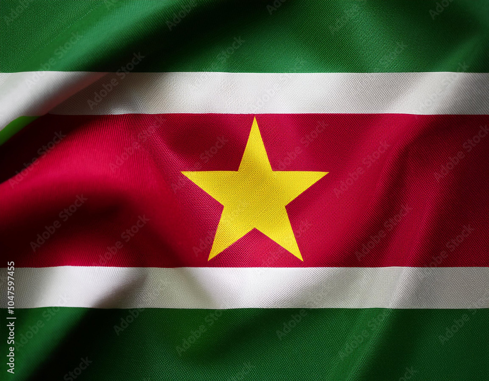 Republic of Suriname flag waving in the wind. Close up of Republic of Suriname banner blowing, soft and smooth silk. Republic of Suriname flag waving in the wind. Close up of Republic of Suriname banner blowing, soft and smooth silk.