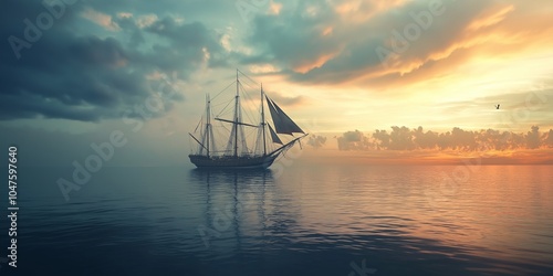 A majestic sailing ship navigates calm waters during a breathtaking sunset, highlighting its elegance and grandeur.