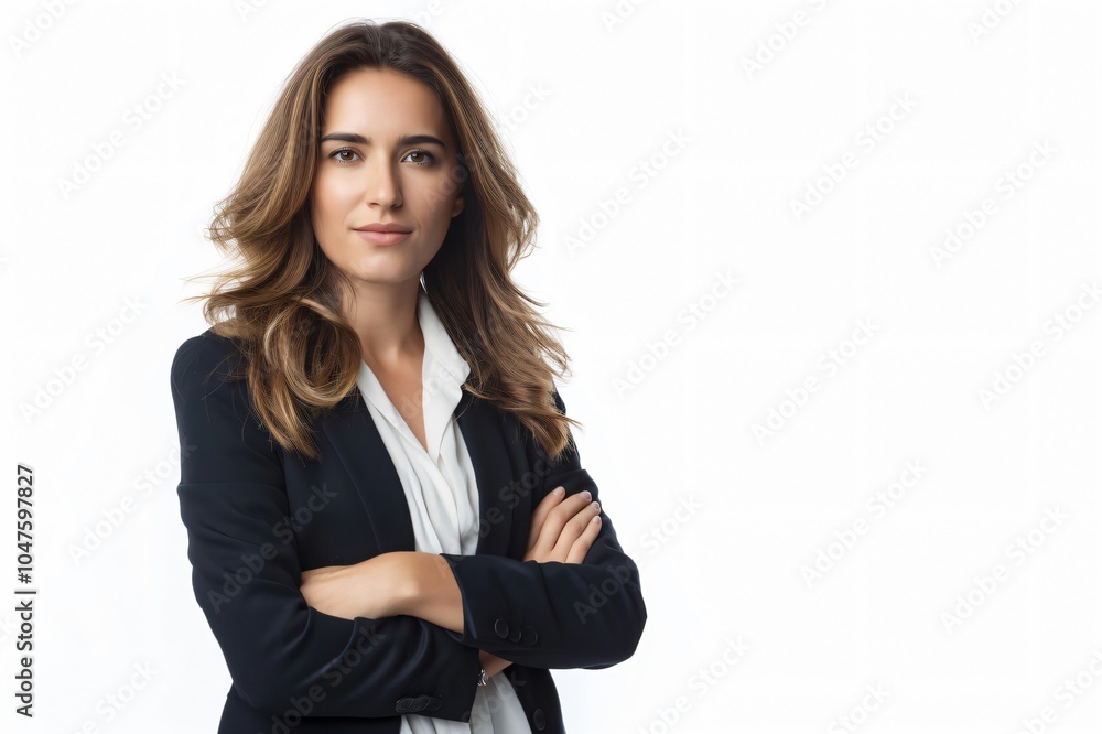 Businesswoman is standing with her arms crossed, conveying confidence and professionalism Businesswoman is standing with her arms crossed, conveying confidence and professionalism