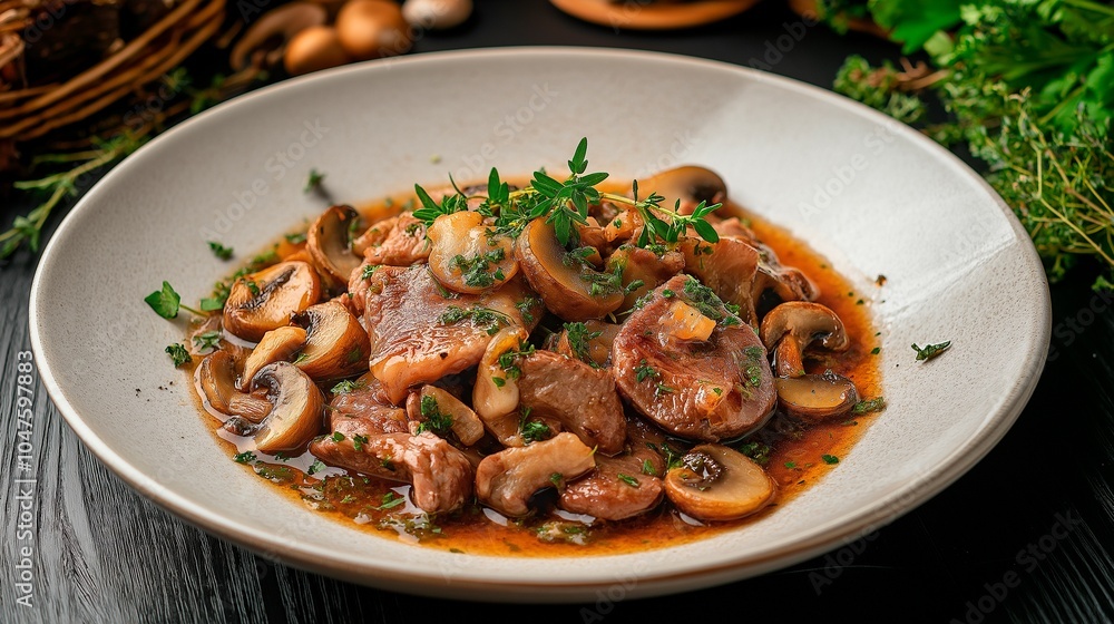 fried beef with mushrooms and herbs fried beef with mushrooms and herbs