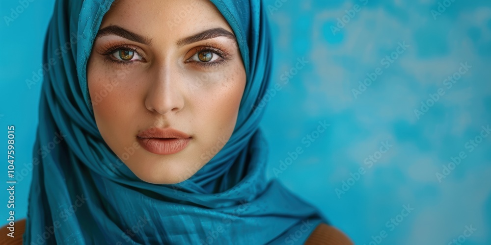 Naklejka premium Portrait of a woman in a scarf against a blue backdrop, showcasing beauty and empowerment through elegant hijab and Islamic culture