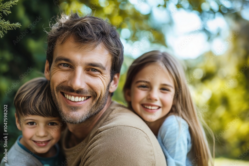 A cheerful father with two children smiles brightly in a sunlit garden setting, capturing a moment of pure happiness.
