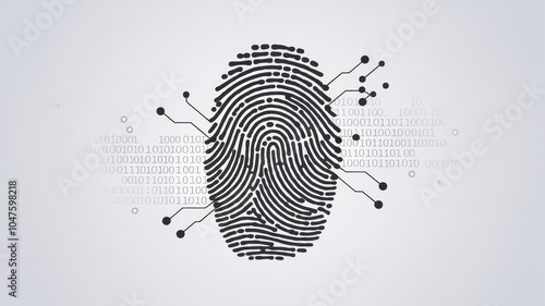 Minimalistic abstract illustration of a fingerprint pattern integrated with binary code and digital nodes, symbolizing personal data security, identity protection, and biometric access. photo