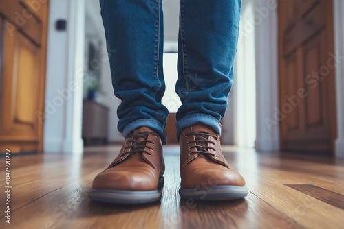 Brown shoes on a wooden floor, tightly framing feet, highlighting everyday fashion and the simplicity of indoors. photo