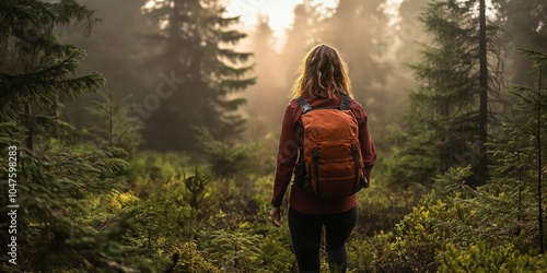 A lone hiker with a backpack stands in a misty forest, surrounded by trees and serene atmosphere. photo