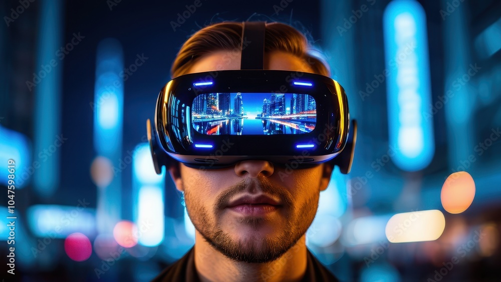 A person immersed in a futuristic virtual reality, wearing a VR headset reflecting a bright digital cityscape filled with glowing skyscrapers and neon lights. A person immersed in a futuristic virtual reality, wearing a VR headset reflecting a bright digital cityscape filled with glowing skyscrapers and neon lights.