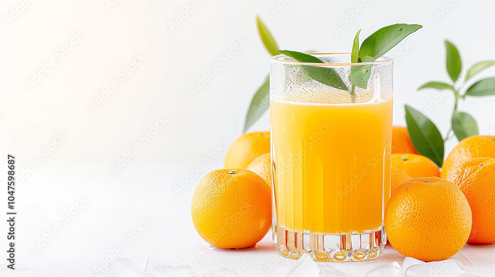 Orange juice glass with fresh drink and oranges on a table for a refreshing beverage experience Orange juice glass with fresh drink and oranges on a table for a refreshing beverage experience