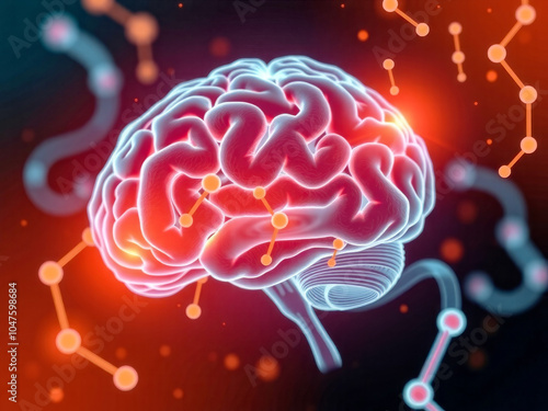 A brain with red and orange colors and a lot of lines. The brain is surrounded by a lot of lines and dots