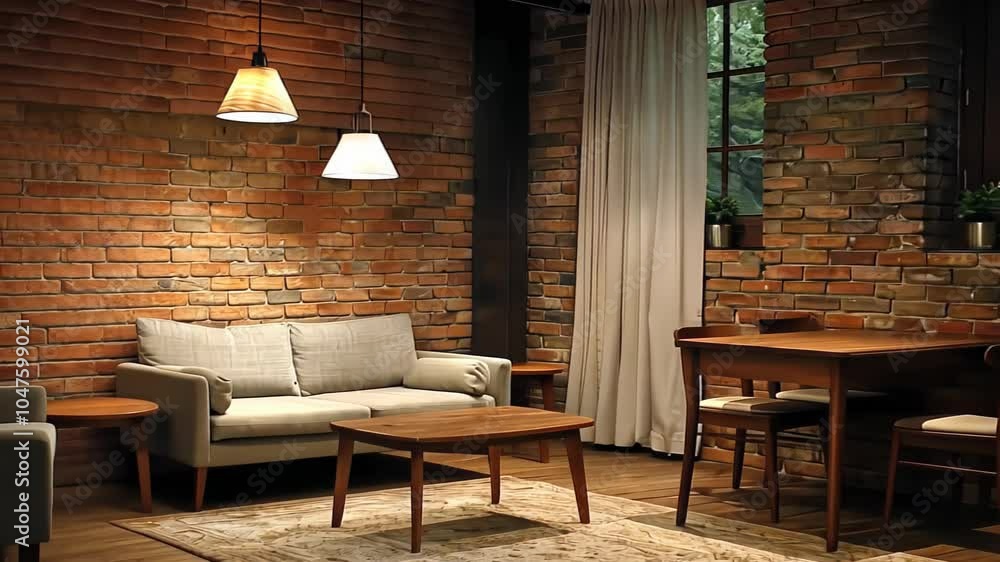 Warm rustic living space with exposed brick walls, minimalist furniture, and soft lighting, creating a cozy ambiance Warm rustic living space with exposed brick walls, minimalist furniture, and soft lighting, creating a cozy ambiance