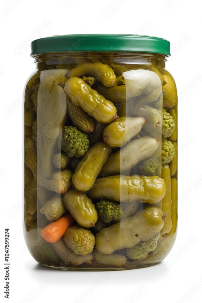 Homemade Mixed Pickled Vegetables in Glass Jar with Green Lid on White Background Homemade Mixed Pickled Vegetables in Glass Jar with Green Lid on White Background