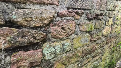 Exploring an Ancient Stone Wall Covered in Moss Near the Forest Edge