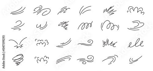 Doodle line wind moving set. Breath of the typhoon. Flat wind moves Vector isolated illustration
