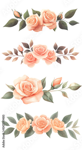 Beautiful watercolor floral arrangements with peach roses and greenery on a white background. transparent background