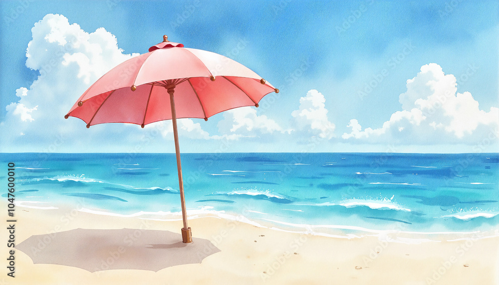 Pink beach umbrella on sandy shore with gentle waves and bright blue sky Pink beach umbrella on sandy shore with gentle waves and bright blue sky