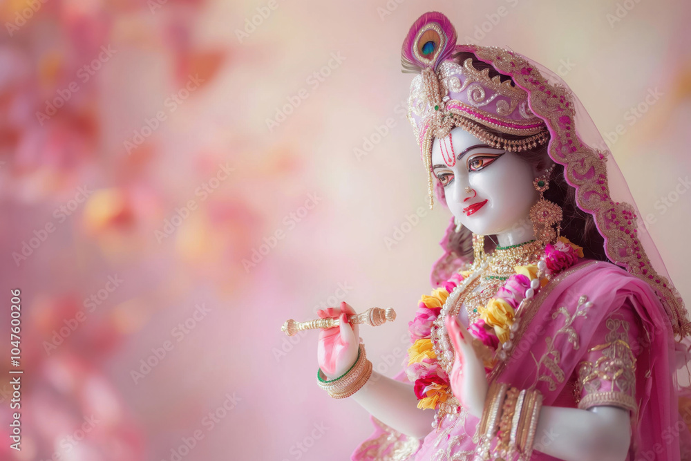 Beautiful statue of Radha rani in pink, holding a bansuri flute, set against a serene bokeh background, capturing love, devotion, and spirituality in Hindu culture Beautiful statue of Radha rani in pink, holding a bansuri flute, set against a serene bokeh background, capturing love, devotion, and spirituality in Hindu culture