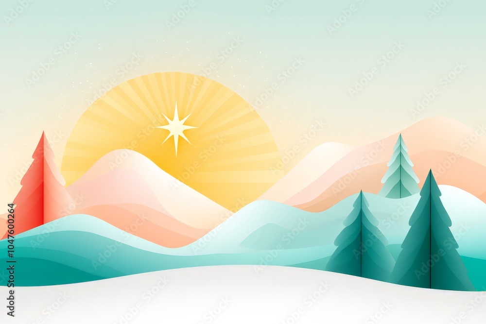 Serene winter landscape with glowing sunrise, snow-covered hills, and fir trees, evoking a peaceful holiday atmosphere. Serene winter landscape with glowing sunrise, snow-covered hills, and fir trees, evoking a peaceful holiday atmosphere.