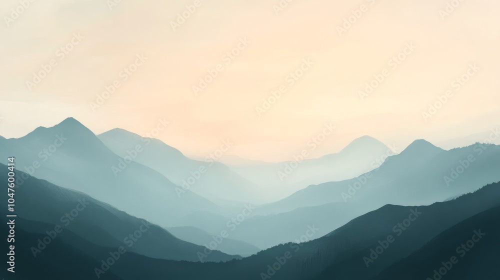 A misty mountain range silhouetted against a pale sky at sunrise. A misty mountain range silhouetted against a pale sky at sunrise.