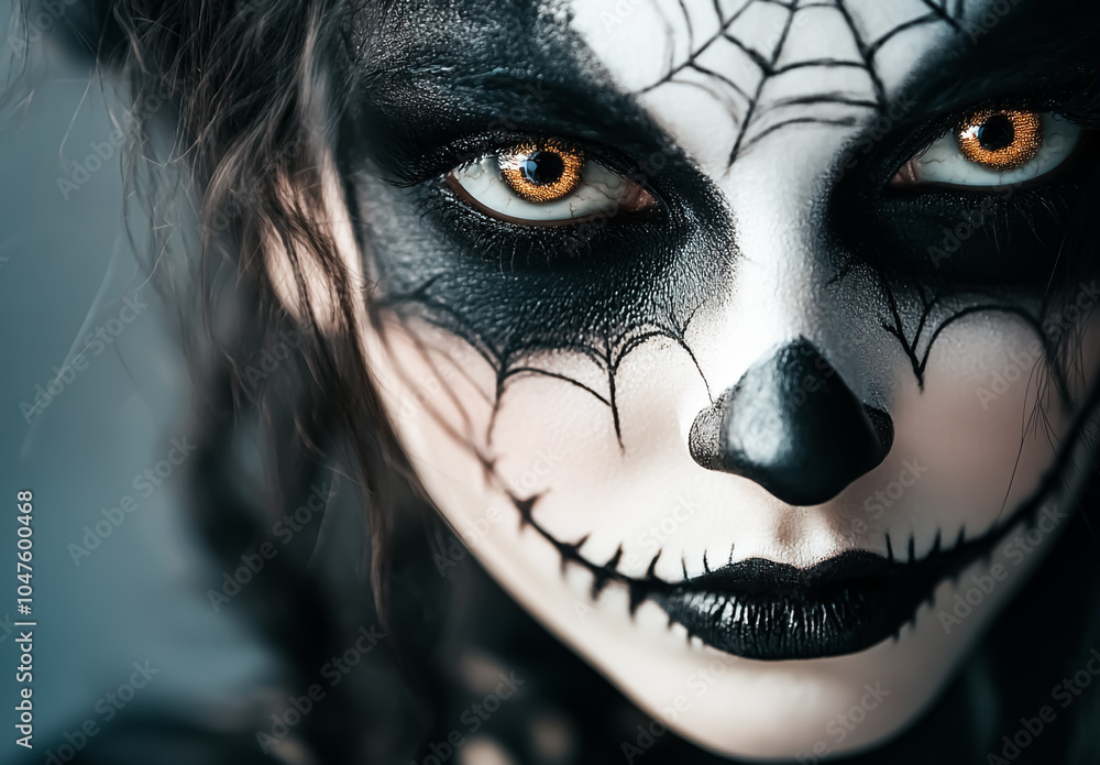 Halloween time with fantastic makeup on woman's face Halloween time with fantastic makeup on woman's face