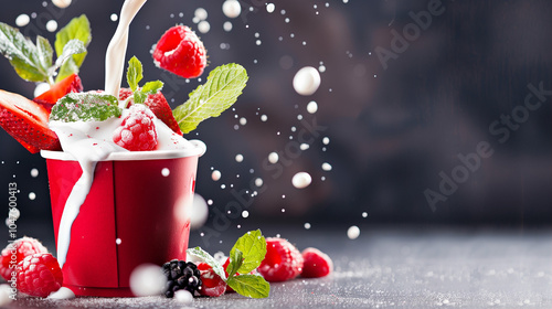 Fruit dessert with cream splatter vibrant strawberries and raspberries in a red cup topped with mint leaves photo