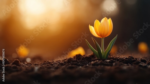 A solitary yellow tulip stands tall and vibrant, thriving amidst the tranquil, earthy garden setting, embodying simplicity and singular beauty in nature. photo