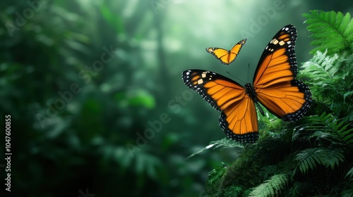 Two brightly colored orange butterflies delicately rest on lush green foliage in a serene forest setting, symbolizing natural beauty, transformation, and tranquility. photo