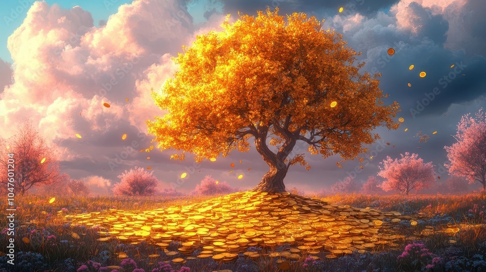 cartoon-style tree sprouting from a mound of shiny gold coins, symbolizing financial growth, with cheerful colors and a whimsical, playful atmosphere