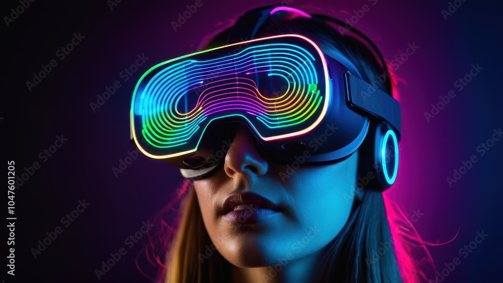 A person wearing a VR headset, reflecting vibrant neon lights and digital patterns, symbolizes an immersive journey into virtual dimensions. A person wearing a VR headset, reflecting vibrant neon lights and digital patterns, symbolizes an immersive journey into virtual dimensions.