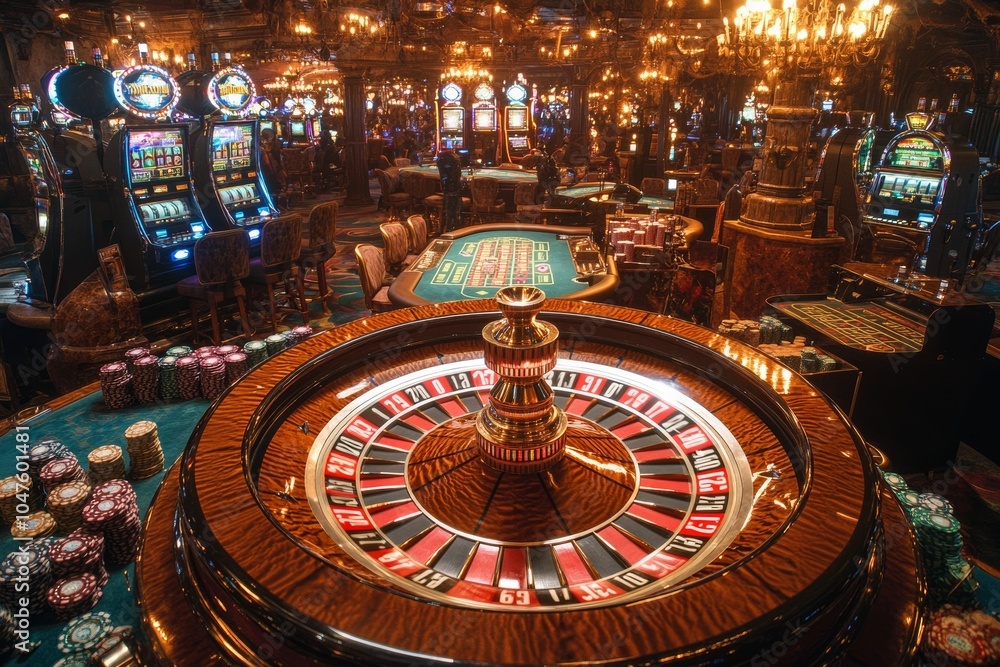 High-energy casino floor filled with tables, slot machines, roulette wheels, and poker games. Generative AI High-energy casino floor filled with tables, slot machines, roulette wheels, and poker games. Generative AI