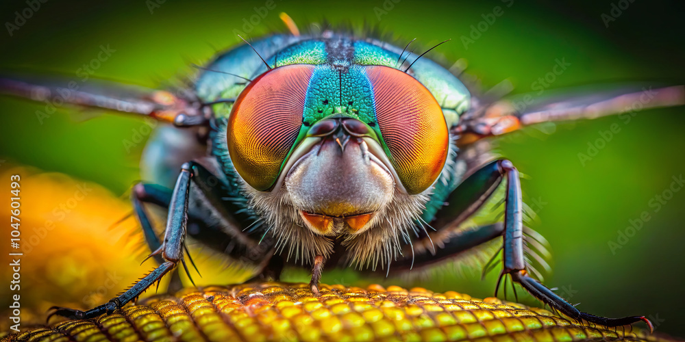 A detailed examination reveals a striking fly, notable for its iridescent body and large, colorful eyes, perched on a bright surface under natural sunlight A detailed examination reveals a striking fly, notable for its iridescent body and large, colorful eyes, perched on a bright surface under natural sunlight