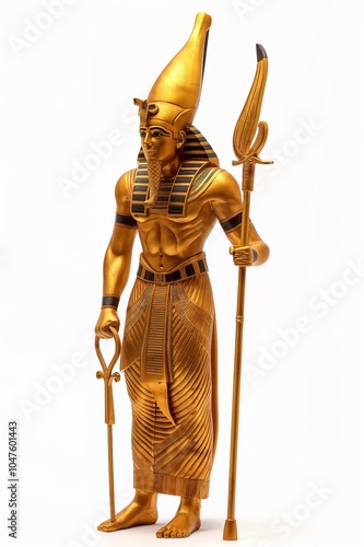 Golden statue of Osiris, ancient Egyptian god of the underworld, holding a crook and flail, isolated on white background