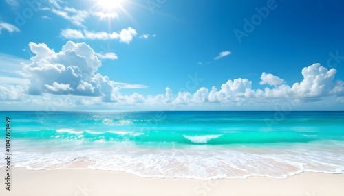 Wallpaper Mural Beautiful tropical beach with blue sky and white clouds abstract texture background. Summer background with a frame, nature of tropical golden beach with rays of sunlight and leaf palm. Torontodigital.ca