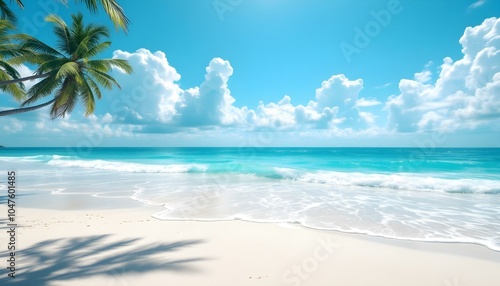 Wallpaper Mural Beautiful tropical beach with blue sky and white clouds abstract texture background. Summer background with a frame, nature of tropical golden beach with rays of sunlight and leaf palm. Torontodigital.ca