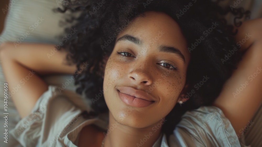 Joyful and content black woman relaxing on a sofa at home, enjoying her free time and embracing a positive lifestyle in a cozy living space Joyful and content black woman relaxing on a sofa at home, enjoying her free time and embracing a positive lifestyle in a cozy living space