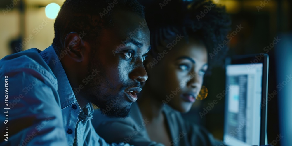 Obraz premium Evening training session focused on teamwork and strategizing marketing plans in a dimly lit office, with colleagues discussing business collaboration during extended hours