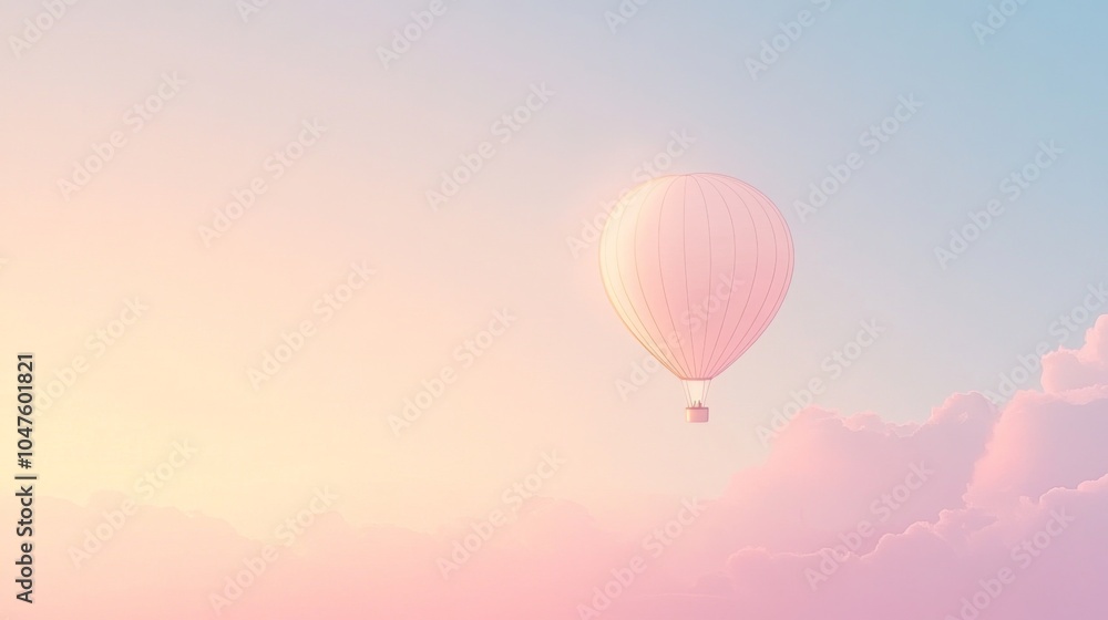 Obraz premium A single hot air balloon drifts through a soft, pastel pink and yellow sky, creating a serene and dreamy atmosphere.