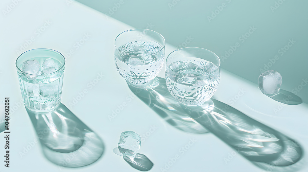 Glass with crystal clear water and ice cubes on light blue background, Fresh cool and refreshing, background for summer, vacation and helathy lifestyle Glass with crystal clear water and ice cubes on light blue background, Fresh cool and refreshing, background for summer, vacation and helathy lifestyle