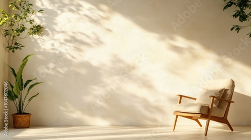 A serene minimalist room features a comfortable chair bathed in natural light, with plants casting shadows on the walls, offering a peaceful retreat ambiance.