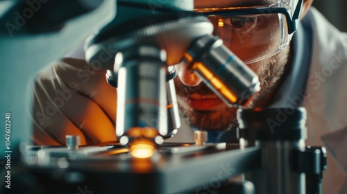 Scientist examining samples under a microscope in a research laboratory focused on innovation and advancements in science and biotechnology photo