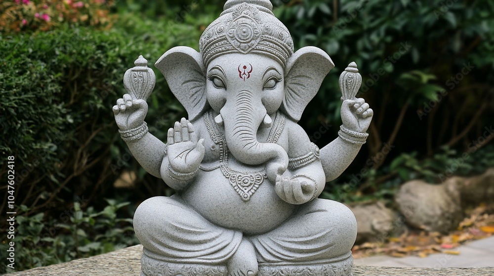 Fototapeta premium A detailed statue of the Hindu god Ganesh, sitting in a traditional pose with his trunk raised and his hand in a blessing gesture.