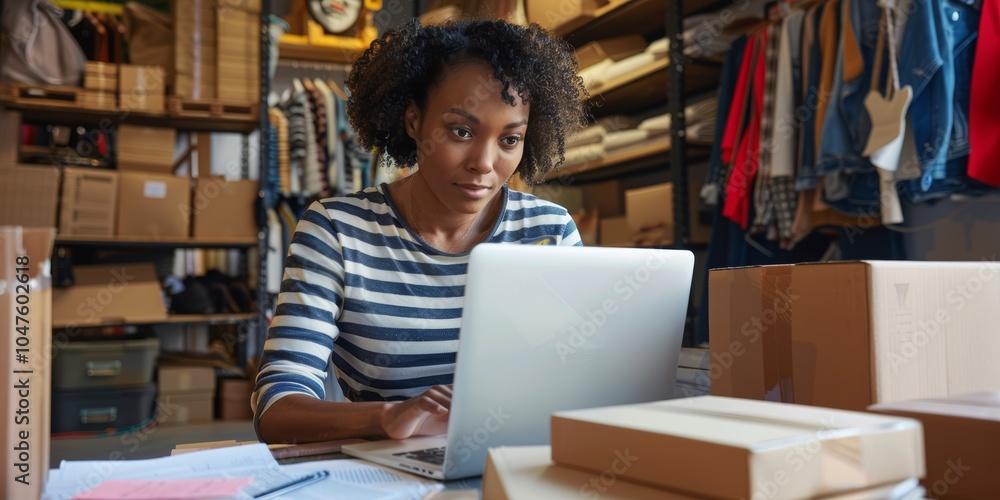 Woman using a laptop surrounded by boxes, engaged in ecommerce and online reading, focusing on email and startup activities as a business owner or entrepreneur Woman using a laptop surrounded by boxes, engaged in ecommerce and online reading, focusing on email and startup activities as a business owner or entrepreneur