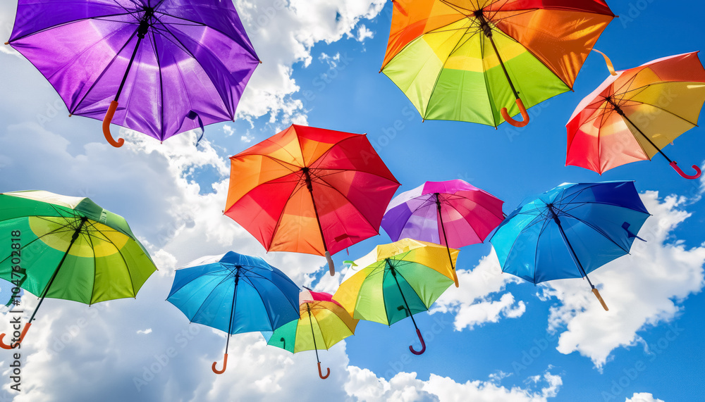 Obraz premium colorful rainbow umbrellas at blue sky, lgbt pride colorful background