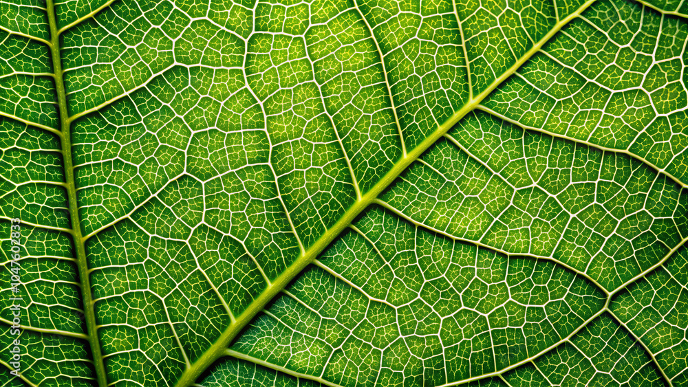 The image displays a detailed close-up of a lush green leaf, highlighting its complex vein structure and texture in bright natural light, captured in a garden The image displays a detailed close-up of a lush green leaf, highlighting its complex vein structure and texture in bright natural light, captured in a garden